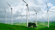 Wind turbine farm power generator in beautiful nature landscape for production of renewable green energy is friendly industry to environment. Concept of sustainable development technology.